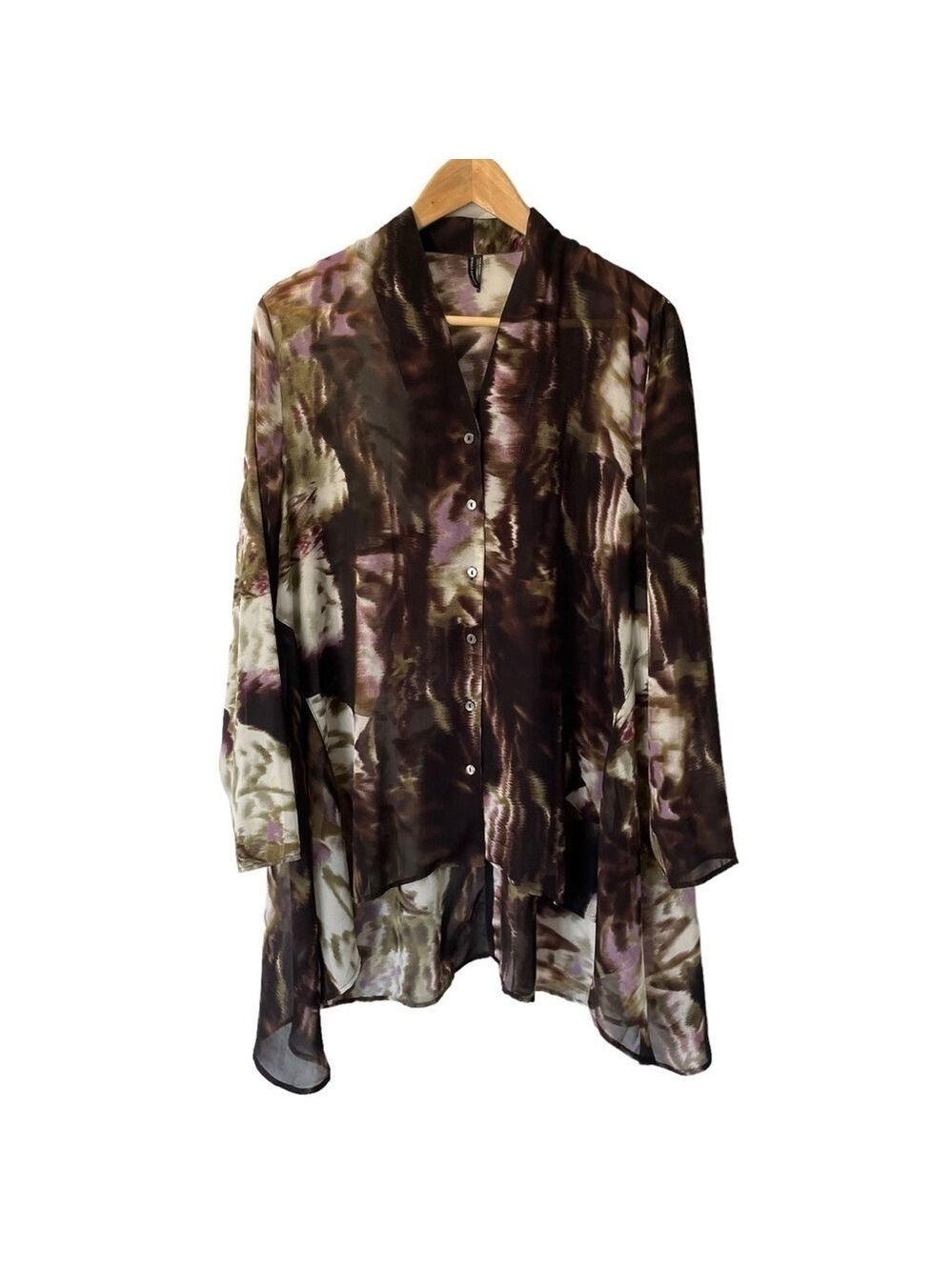 Stella Carakasi Semi-Sheer Tunic Top Womens L Dark Neutrals Flowy Elegant Shirt